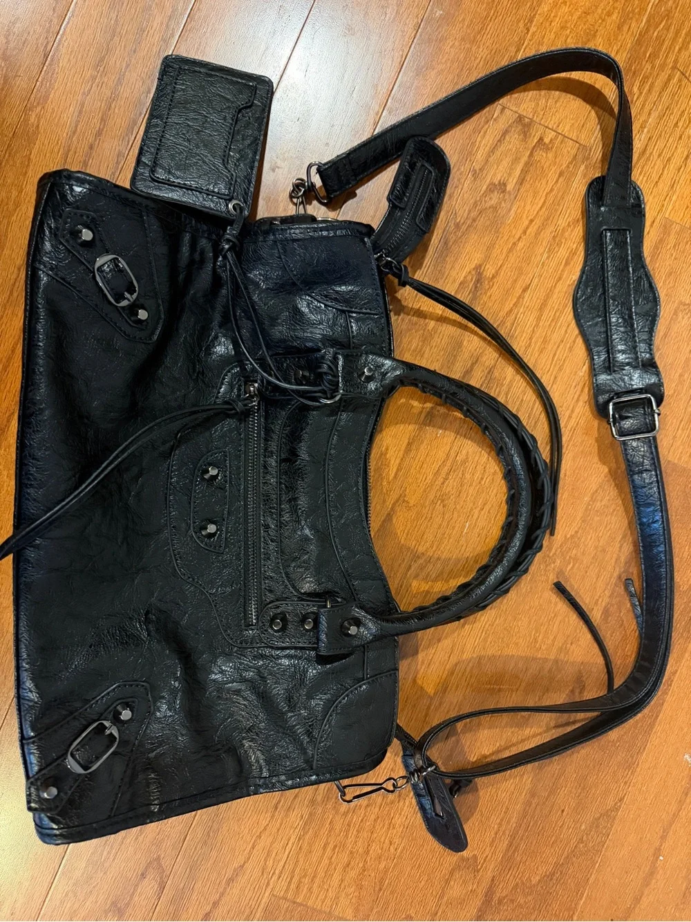 Black Leather Satchel Handbag with Removable Shoulder Strap
